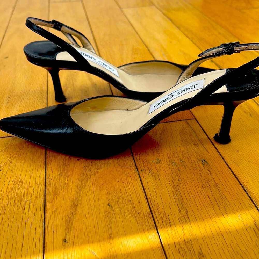 Jimmy Choo black leather sling back pumps